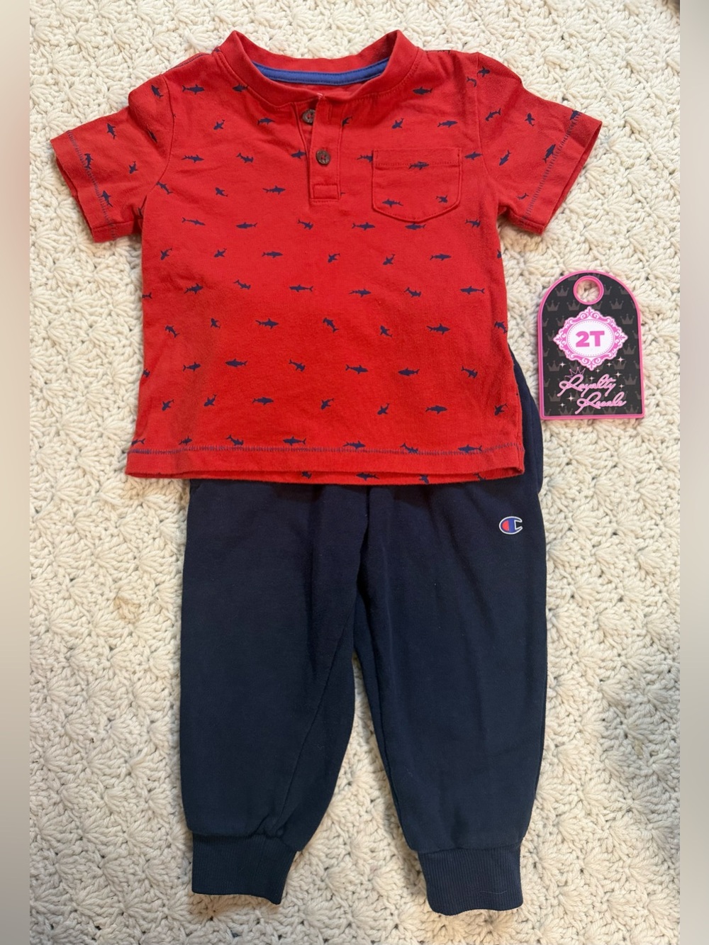 Champion Red Shark-Print Polo and Navy Jogger Set